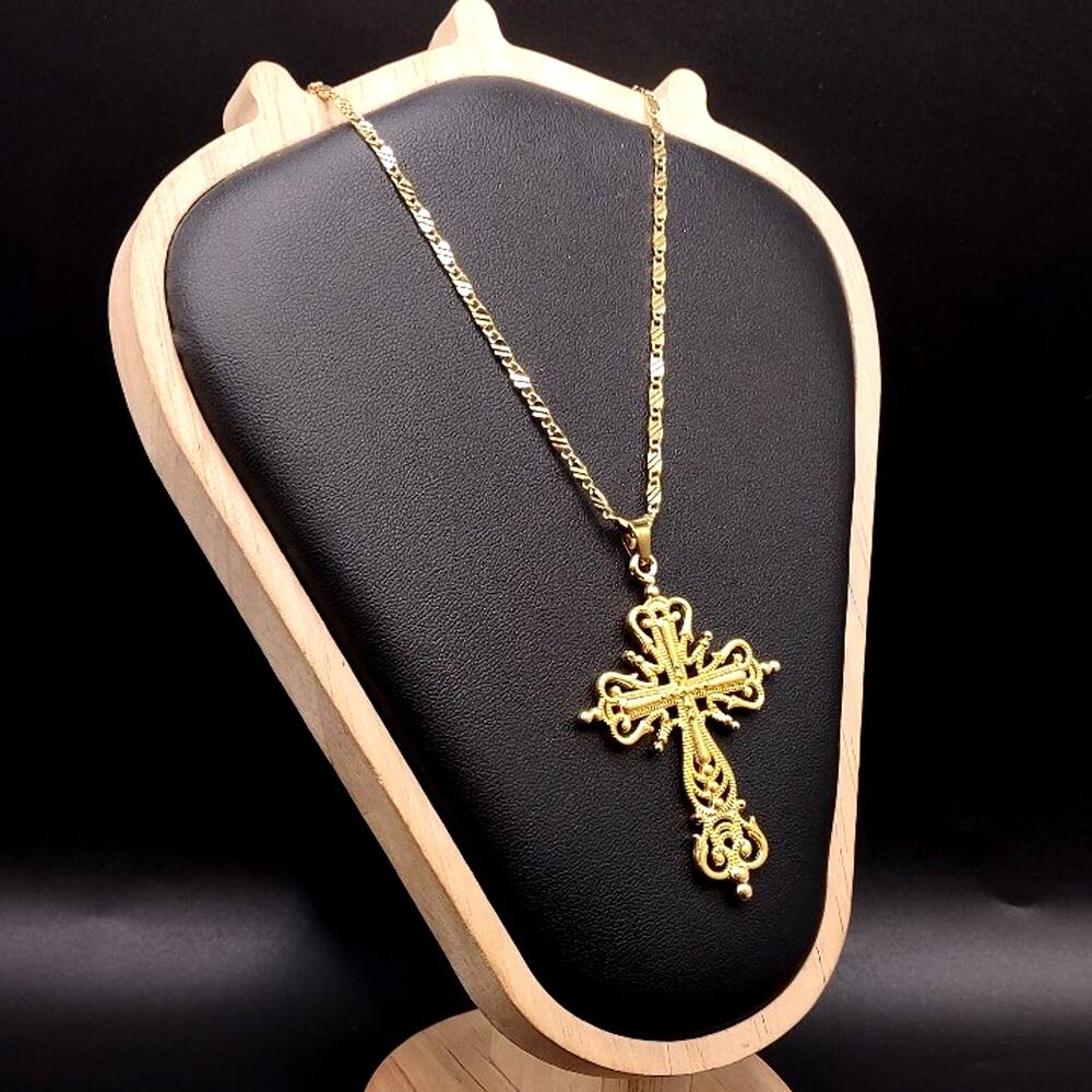 18k Gold Plated Necklace w/ Ornate Gold Cross Vtg Birthday Anniversary Gift